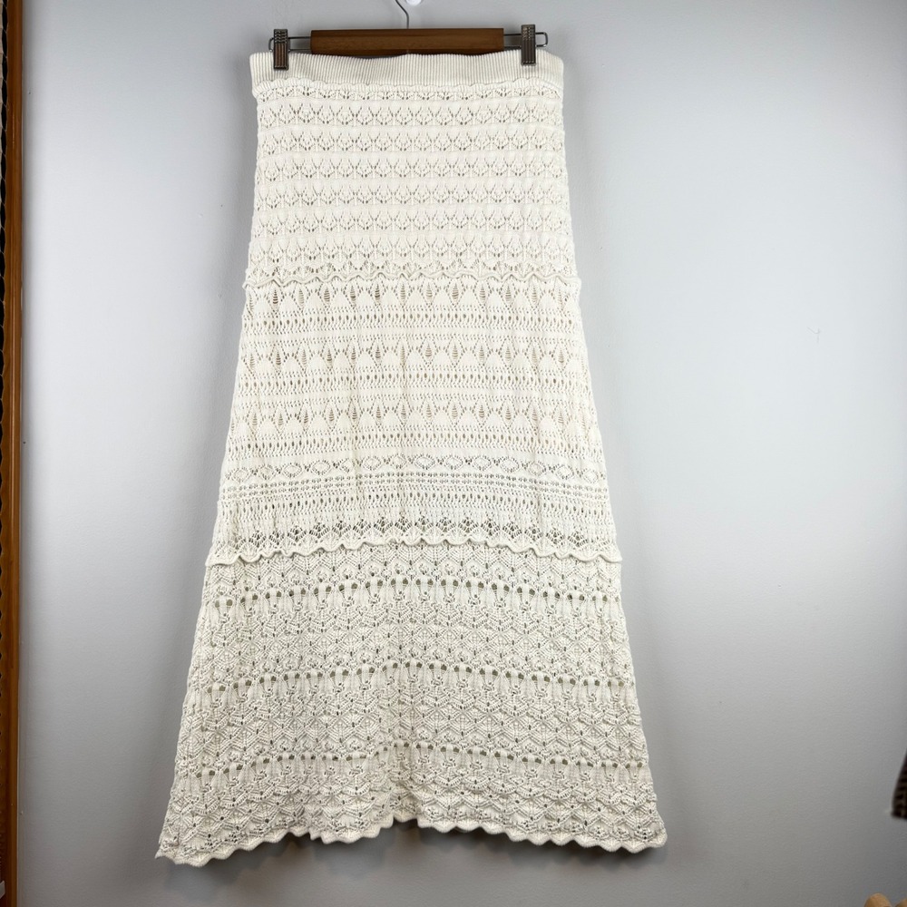 Moon River Crochet Maxi Skirt Womens L Ivory Lined Festival Boho Cottagecore
